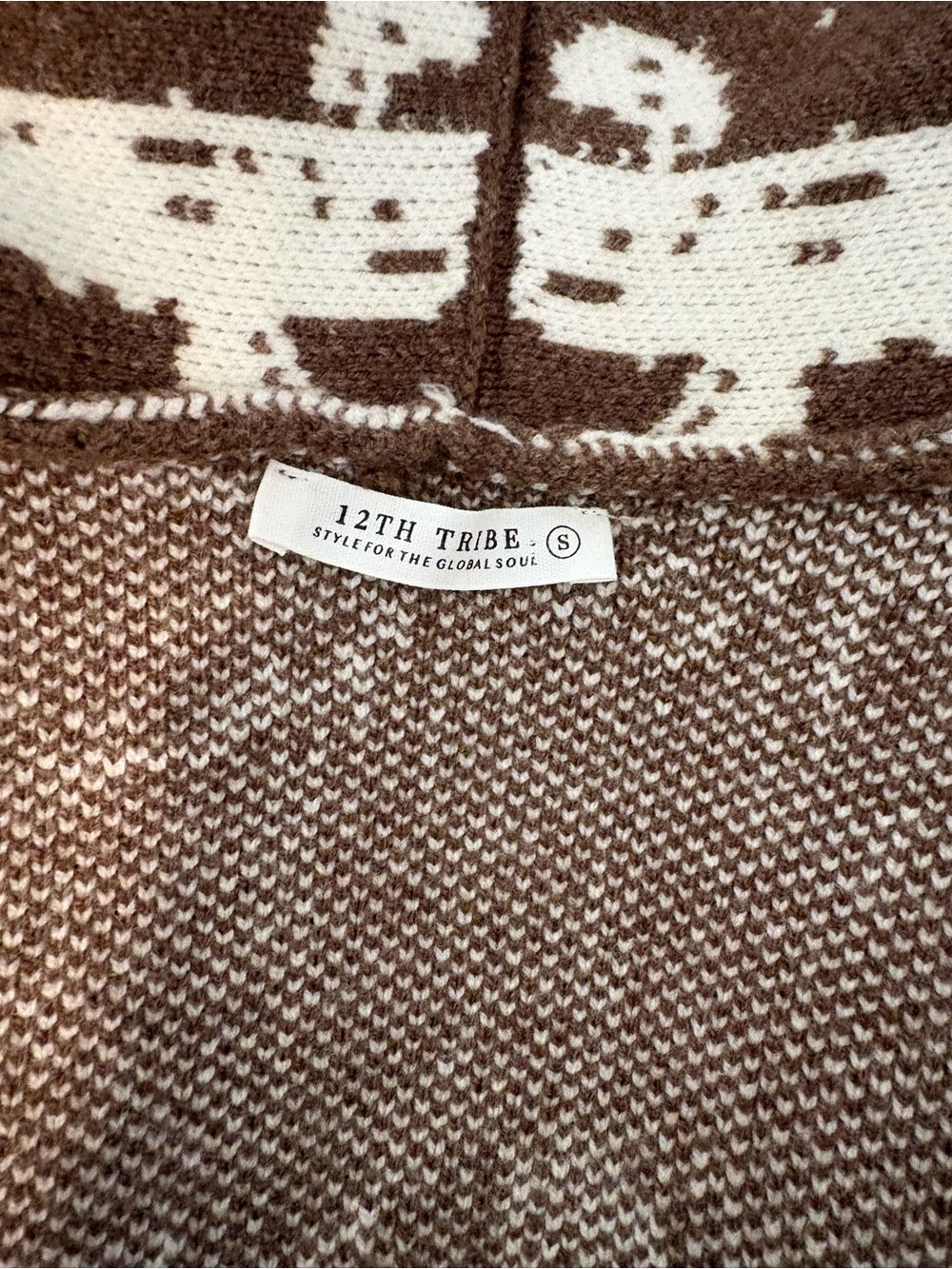 12th Tribe Brown and Cream Fringe Belted Cardigan - Picture 3 of 4